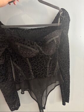 iris Black Leopard Mesh Long Sleeve Bustier Bodysuit